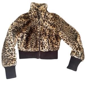 Lazy Daisy Faux Fur Leopard Print Cropped Jacket Brown Rib Trim Zip Up Size XS/S